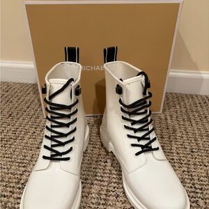 Michael Kors White Rubber Lace-Up Combat Boots with Black Laces